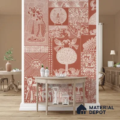 Geet Madhubani Handmade Wallpaper, Terracotta Red (Customised Wallpaper)