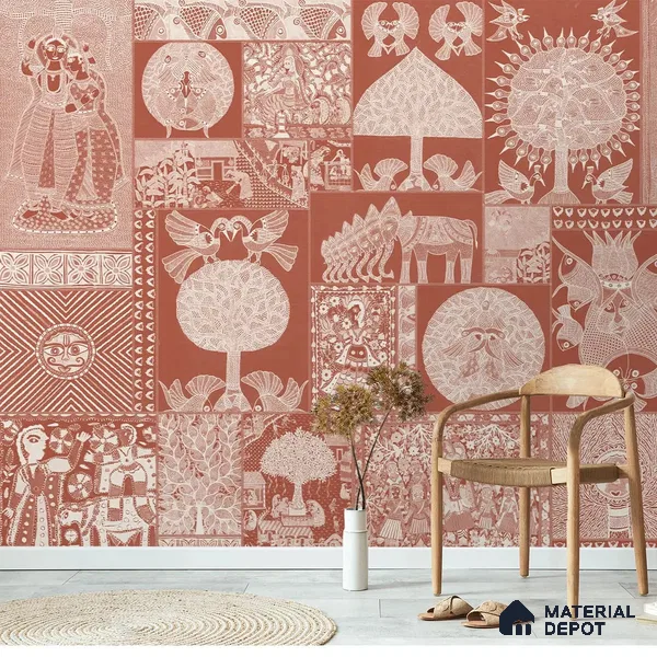 Geet Madhubani Canvas Wallpaper, Terracotta Red (Customised Wallpaper)