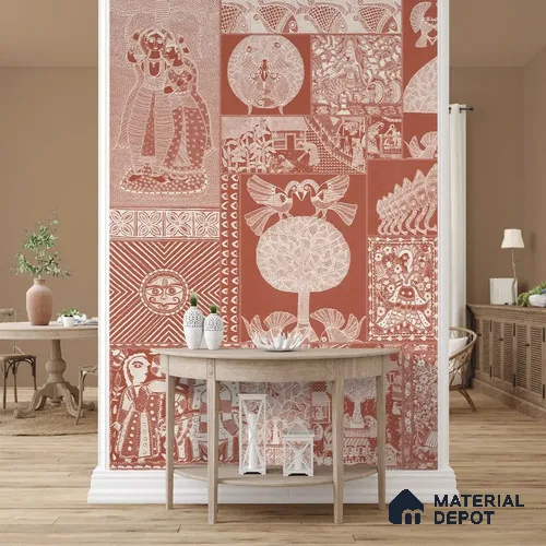 Geet Madhubani Canvas Wallpaper, Terracotta Red (Customised Wallpaper)