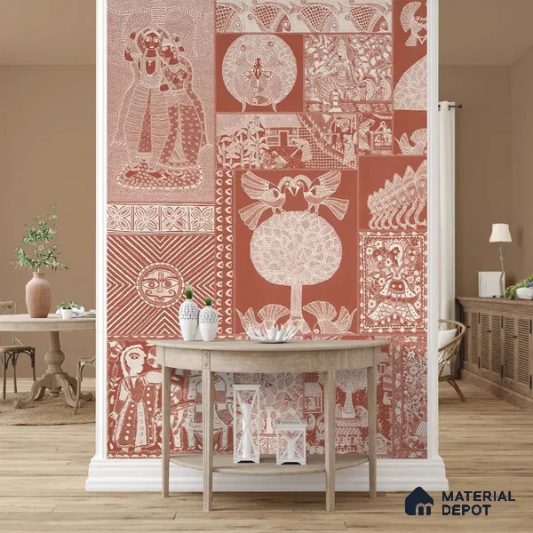 Geet Madhubani Canvas Wallpaper, Terracotta Red (Customised Wallpaper)