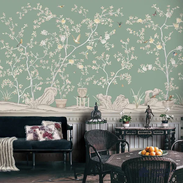 Verde Elegance, Silk Metallic Chinoiserie (Customised Wallpaper)