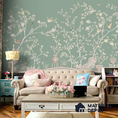 Verde Elegance, Silk Metallic Chinoiserie (Customised Wallpaper)