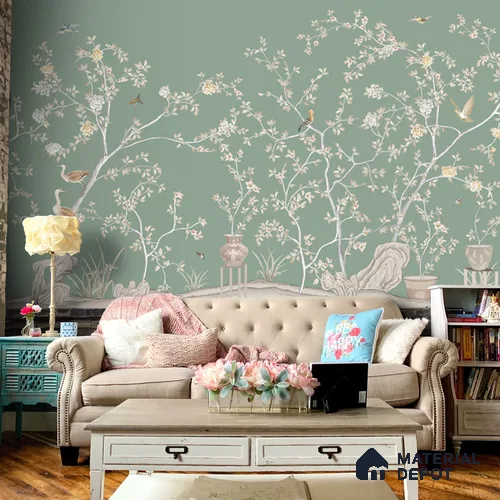 Verde Elegance, Silk Metallic Chinoiserie (Customised Wallpaper)