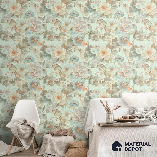 Prasoon, Colorful Floral Pattern , 10 Meter x 19.68 inches Green Canvas Wallpaper - 54 Sq. Ft. | Minimum 15% wastage during installation