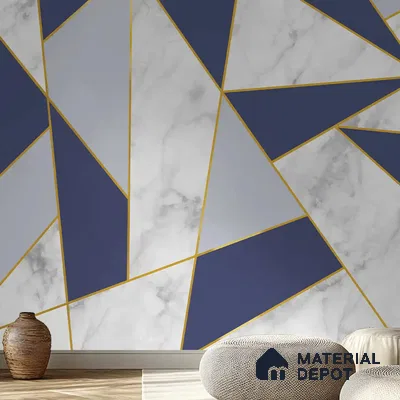 Golden Stripes With Marble Design Room Customised Blue Canvas (Customised Wallpaper)