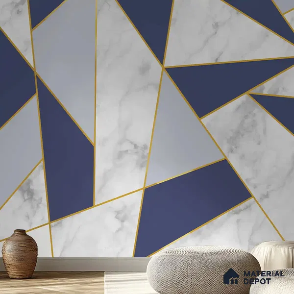 Golden Stripes With Marble Design Room Customised Blue Canvas (Customised Wallpaper)