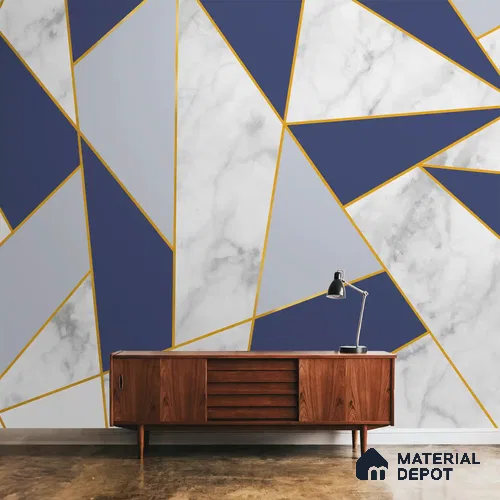 Golden Stripes With Marble Design Room Customised Blue Handmade (Customised Wallpaper)