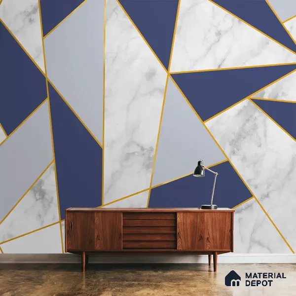 Golden Stripes With Marble Design Room Customised Blue Soft Feel (Customised Wallpaper)