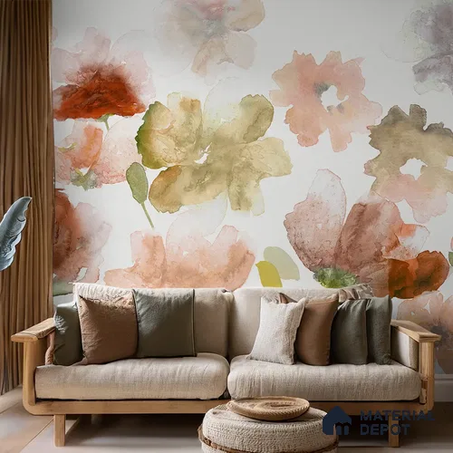 Big Flowers in Water Color Painted Style Customised Rust Color Handmade (Customised Wallpaper)
