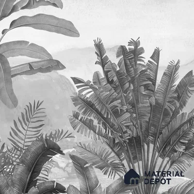 Vintage Theme Tropical Foliage, Black & White Canvas (Customised Wallpaper)