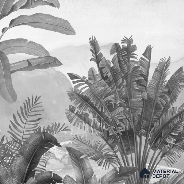Vintage Theme Tropical Foliage, Black & White Canvas (Customised Wallpaper)
