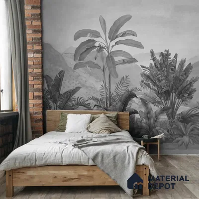Vintage Theme Tropical Foliage, Black & White Canvas (Customised Wallpaper)