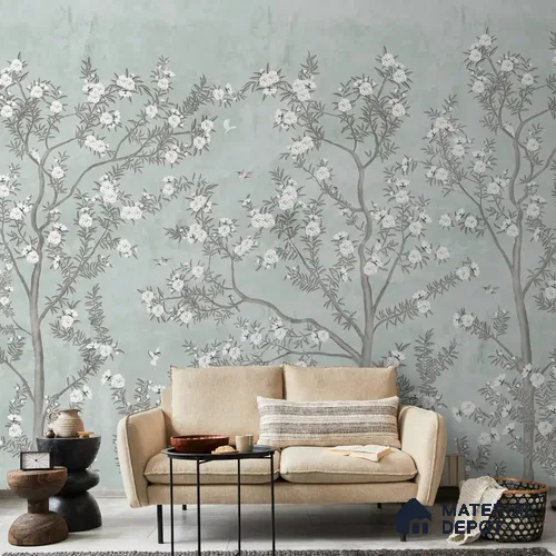 Chinoiserie Pattern for Walls, Light Green Canvas (Customised Wallpaper)