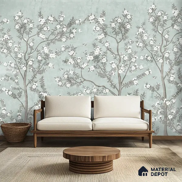 Chinoiserie Pattern for Walls, Light Green Canvas (Customised Wallpaper)