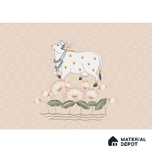 Cow and Lotuses, Pichwai Cream Color Canvas (Customised Wallpaper)