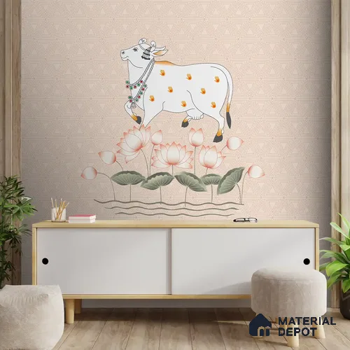 Cow and Lotuses, Pichwai Cream Color Soft Feel (Customised Wallpaper)