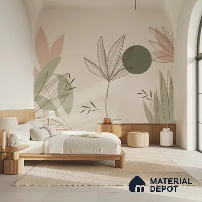 Beautiful Floral & Leaves Design, Customised Green & Beige Soft Feel (Customised Wallpaper)