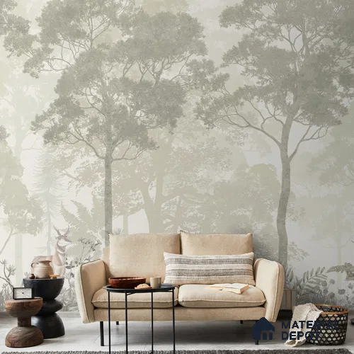Vintage Forest Theme for Rooms in Light Green-Beige Colors Soft Feel (Customised Wallpaper)