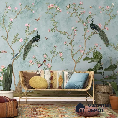 Bagiya, Peacock Handmade Chinoiserie Wallpaper in Indian Style (Customised Size Wallpaper)