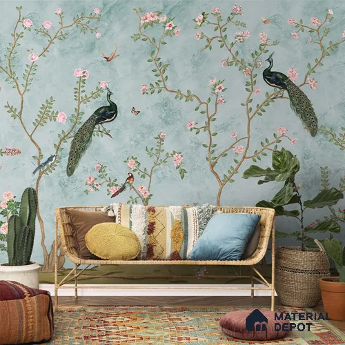 Bagiya, Peacock Canvas Chinoiserie Wallpaper in Indian Style (Customised Size Wallpaper)