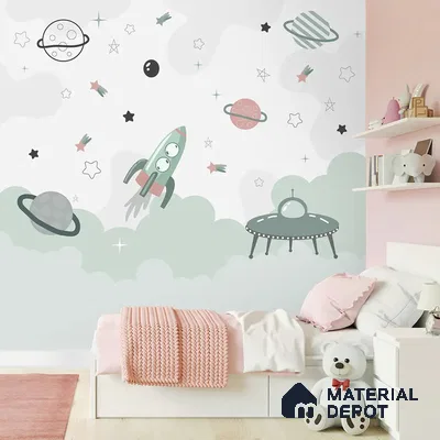 Green and Pink Space Theme Children Handmade Wallpaper (Customized Wallpaper)