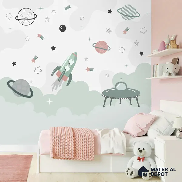 Green and Pink Space Theme Children Handmade Wallpaper (Customized Wallpaper)