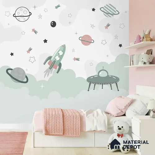 Green and Pink Space Theme Children Soft Feel Wallpaper (Customized Wallpaper)