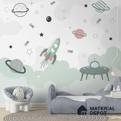 Green and Pink Space Theme Children Soft Feel Wallpaper (Customized Wallpaper)