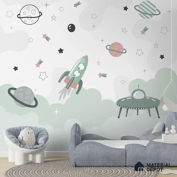 Green and Pink Space Theme Children Soft Feel Wallpaper (Customized Wallpaper)