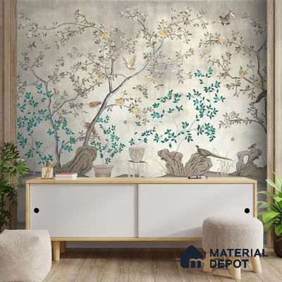 Grandeur in Silver Chinoiserie Handmade Wallpaper for Wall, Customised