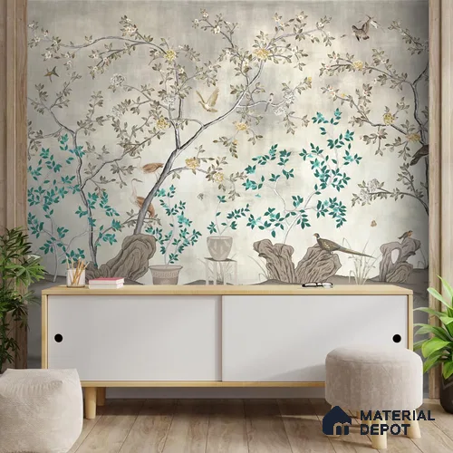 Grandeur in Silver Chinoiserie Sandstone Wallpaper for Wall, Customised