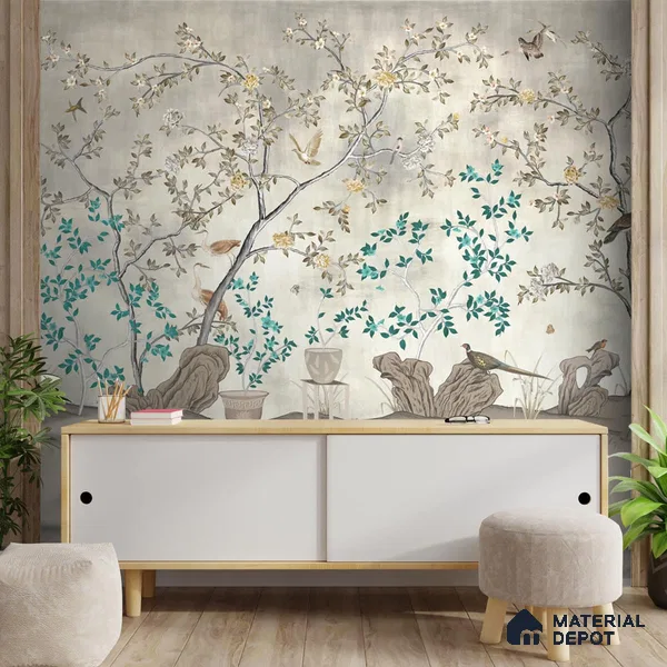 Grandeur in Silver Chinoiserie Sandstone Wallpaper for Wall, Customised