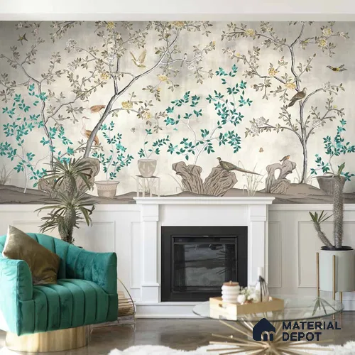 Grandeur in Silver Chinoiserie Silk Metallic Wallpaper for Wall, Customised