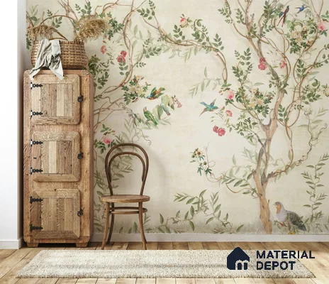 Flower Chinoiserie Mural Canvas Paper 40 inches (Customised Size Wallpaper)