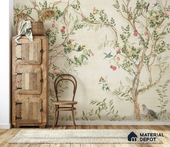 Flower Chinoiserie Mural Canvas Paper 40 inches (Customised Size Wallpaper)