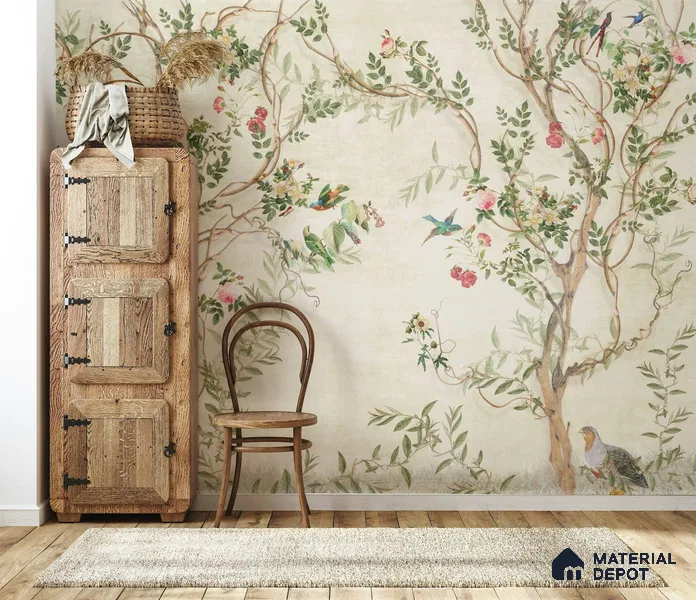 Flower Chinoiserie Mural Fabric Backend 52 inches Fabric Backend Wallcovering (Customised Size Wallpaper)