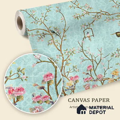Aqua Blue Chinoiserie Birds and Blossom Floral Tree | WP 03918 B Canvas Texture Finish Chinoiserie Style luxurious Customized size Wallpaper | 250 GSM WP01CNF Paper | (MOQ = 30 Sq. Ft.) | Design change not possible
