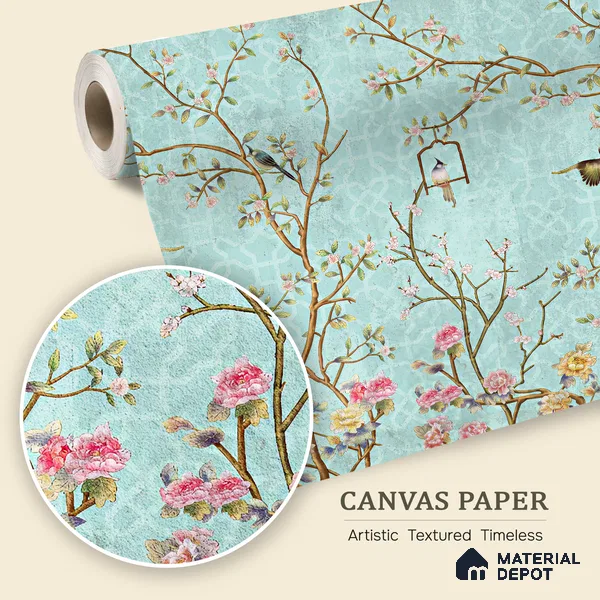 Aqua Blue Chinoiserie Birds and Blossom Floral Tree | WP 03918 B Canvas Texture Finish Chinoiserie Style luxurious Customized size Wallpaper | 250 GSM WP01CNF Paper | (MOQ = 30 Sq. Ft.) | Design change not possible