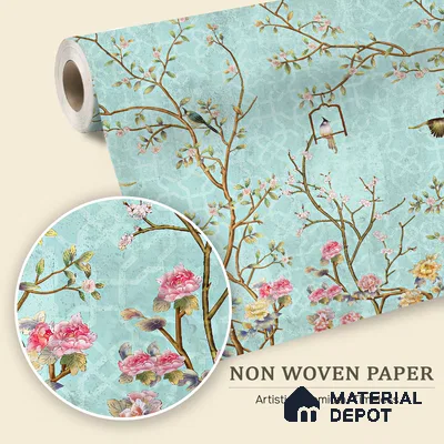 Aqua Blue Chinoiserie Birds and Blossom Floral Tree | WP 03918 Non Woven Matte Finish Chinoiserie Style Premium Customized size Wallpaper | 150 GSM WP01MTF Paper | (MOQ = 30 Sq. Ft.) | Design change not possible