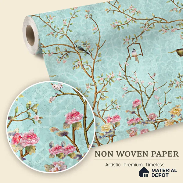 Aqua Blue Chinoiserie Birds and Blossom Floral Tree | WP 03918 Non Woven Matte Finish Chinoiserie Style Premium Customized size Wallpaper | 150 GSM WP01MTF Paper | (MOQ = 30 Sq. Ft.) | Design change not possible