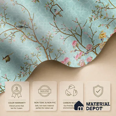 Aqua Blue Chinoiserie Birds and Blossom Floral Tree | WP 03918 Non Woven Matte Finish Chinoiserie Style Premium Customized size Wallpaper | 150 GSM WP01MTF Paper | (MOQ = 30 Sq. Ft.) | Design change not possible