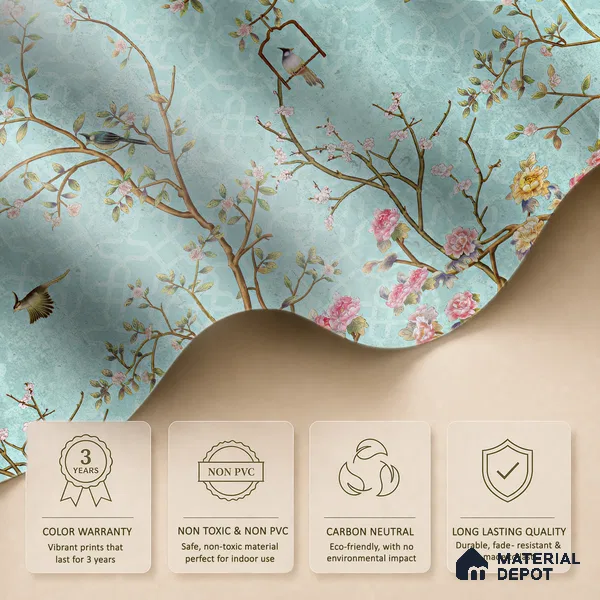 Aqua Blue Chinoiserie Birds and Blossom Floral Tree | WP 03918 Non Woven Matte Finish Chinoiserie Style Premium Customized size Wallpaper | 150 GSM WP01MTF Paper | (MOQ = 30 Sq. Ft.) | Design change not possible