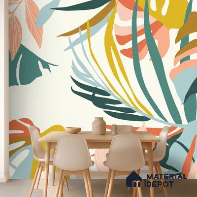 Multi Colour Modern Tropical Foliage Abstract Serenity Art | WP 03919 B Canvas Texture Finish Tropical Style luxurious Customized size Wallpaper | 250 GSM WP01CNF Paper | (MOQ = 30 Sq. Ft.)