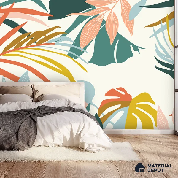 Multi Colour Modern Tropical Foliage Abstract Serenity Art | WP 03919 B Canvas Texture Finish Tropical Style luxurious Customized size Wallpaper | 250 GSM WP01CNF Paper | (MOQ = 30 Sq. Ft.)