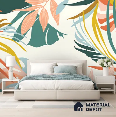 Multi Colour Modern Tropical Foliage Abstract Serenity Art | WP 03919 B Canvas Texture Finish Tropical Style luxurious Customized size Wallpaper | 250 GSM WP01CNF Paper | (MOQ = 30 Sq. Ft.)