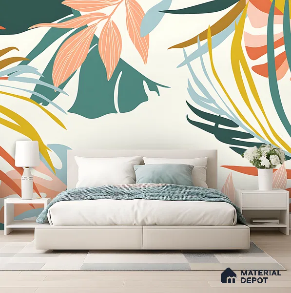 Multi Colour Modern Tropical Foliage Abstract Serenity Art | WP 03919 B Canvas Texture Finish Tropical Style luxurious Customized size Wallpaper | 250 GSM WP01CNF Paper | (MOQ = 30 Sq. Ft.)