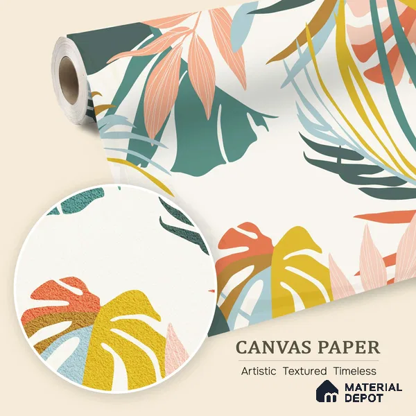 Multi Colour Modern Tropical Foliage Abstract Serenity Art | WP 03919 B Canvas Texture Finish Tropical Style luxurious Customized size Wallpaper | 250 GSM WP01CNF Paper | (MOQ = 30 Sq. Ft.)