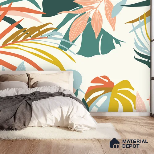 Multi Colour Modern Tropical Foliage Abstract Serenity Art | WP 03919 Non Woven Matte Finish Tropical Style Premium Customized size Wallpaper | 150 GSM WP01MTF Paper | (MOQ = 30 Sq. Ft.)