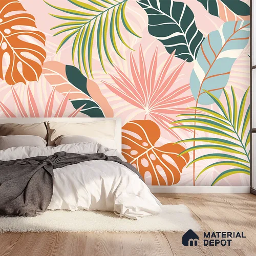 Peach Multi Colour Monstera Palm Tropical Abstract Serenity Art | WP 03920 B Canvas Texture Finish Tropical Style luxurious Customized size Wallpaper | 250 GSM WP01CNF Paper | (MOQ = 30 Sq. Ft.)