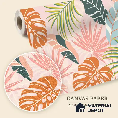 Peach Multi Colour Monstera Palm Tropical Abstract Serenity Art | WP 03920 B Canvas Texture Finish Tropical Style luxurious Customized size Wallpaper | 250 GSM WP01CNF Paper | (MOQ = 30 Sq. Ft.)